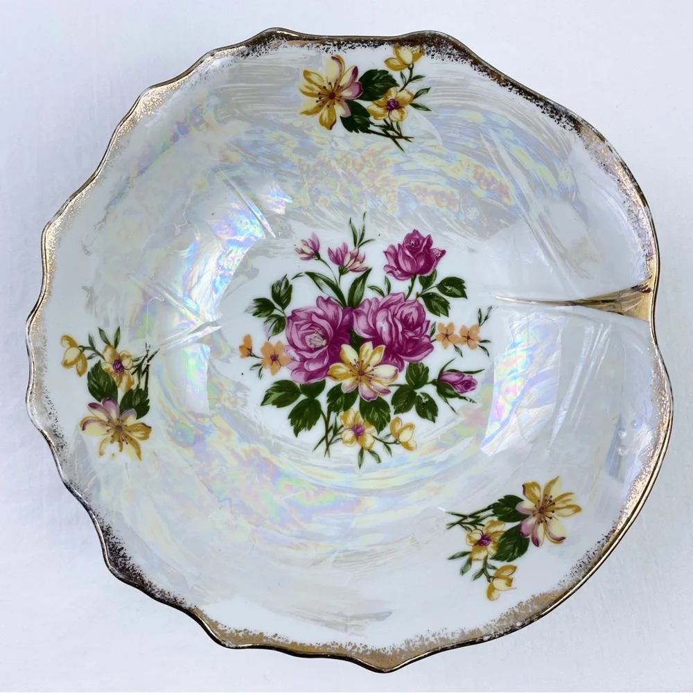 Vintage Floral Lusterware Serving Bowl Gold Trim